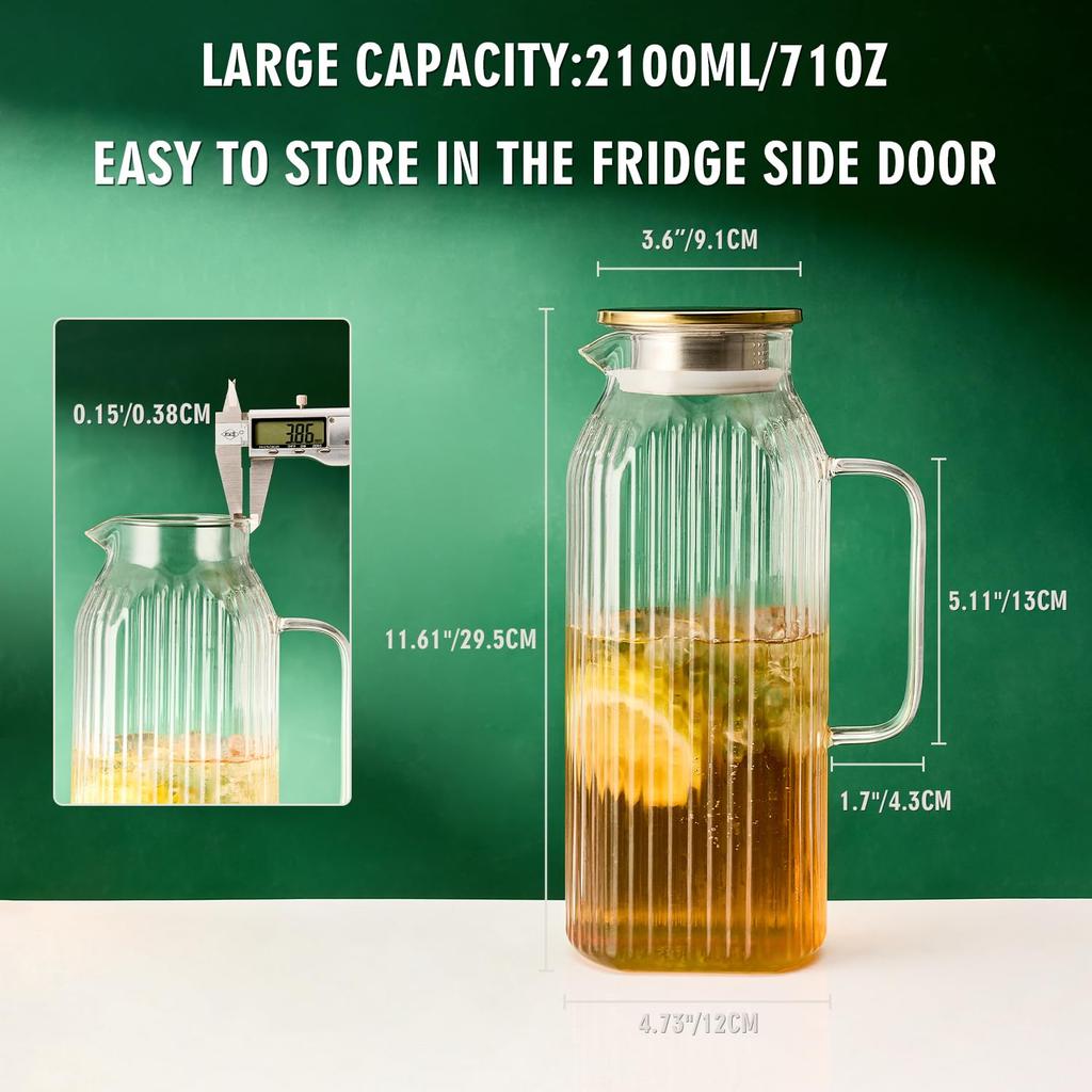 GLASKEY Square Glass Pitcher with Classic Stripe Water Pitcher with Handle for Juice Borosilicate Glass Carafe for Hot and Cold Brew Drinks 2.1L Lid,