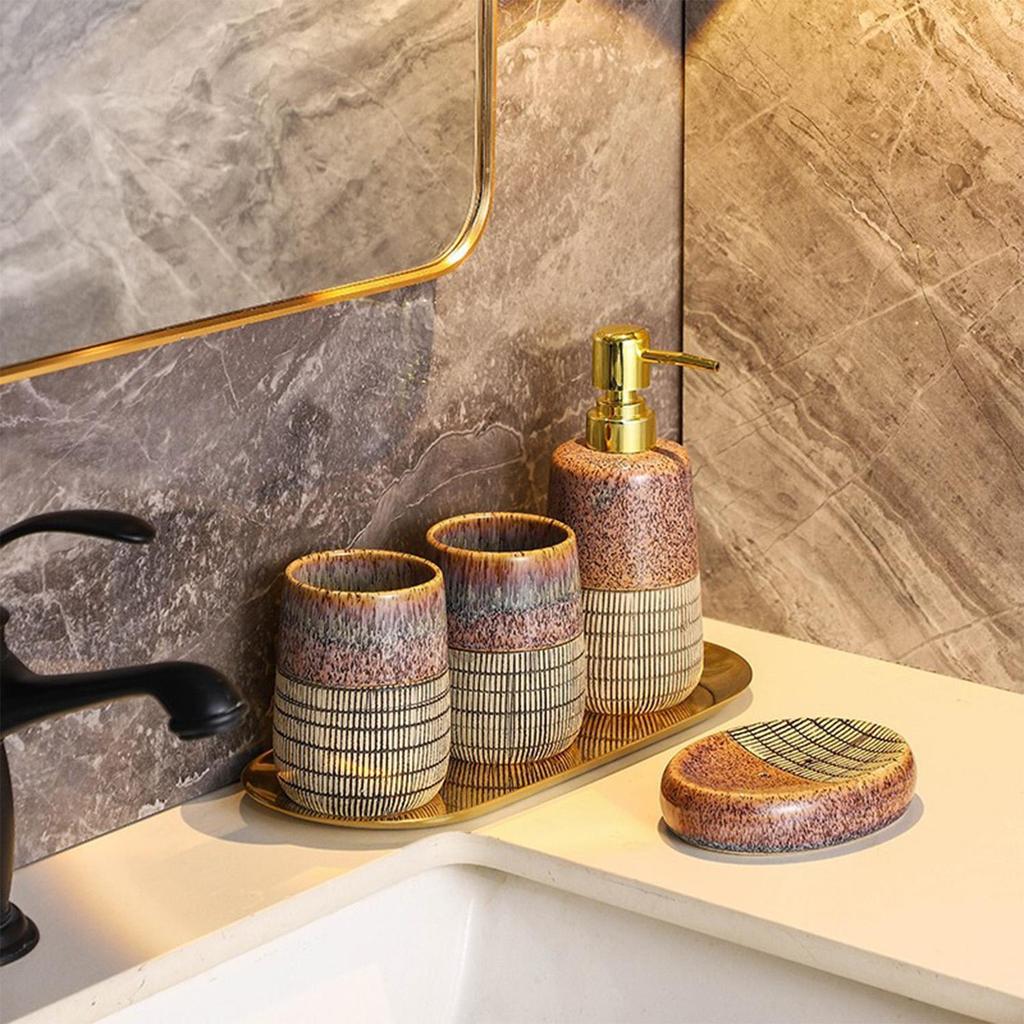 4-Piece Ceramic Bathroom Accessory Set with Tumbler, Lotion Dispenser, and Soap Dish, Stylish Home Decor