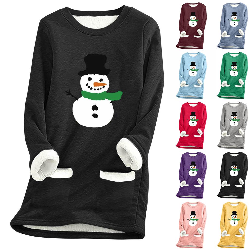 Ladies' Loose And Comfortable Round Neck Christmas Print Thick With Pockets Long Sleeved Top