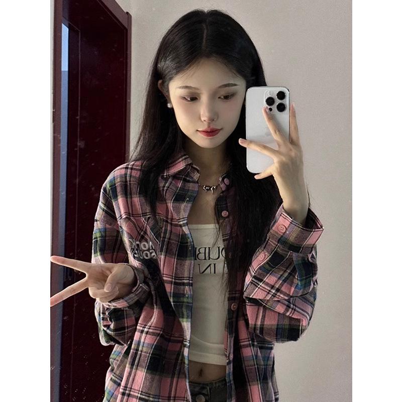 Women's Pink Plaid Embroidered Shirt Jacket - Autumn/Winter Small Size Loose Fit Casual Outerwear