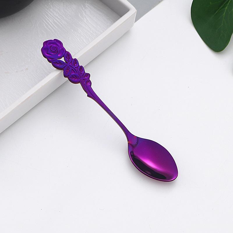 Stainless Steel Rose Spoon Flower Handle Coffee Tea Spoon Colorful Dessert Ice Cream Stirring Spoon Kitchen Tableware
