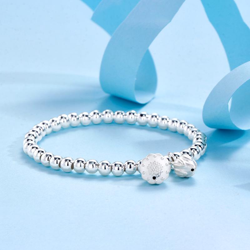 S999 Sterling Silver Buddhist Prayer Beads Bracelet with Round Beads and Lotus Pod Design. Pure Silver