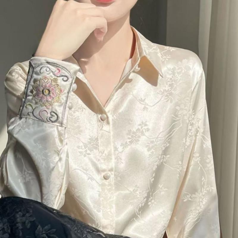 Women's New Jacquard Satin Shirt Lady's Long Sleeved Single Breasted Blouses Turn-down Collar Thin Fashion Versatile Top