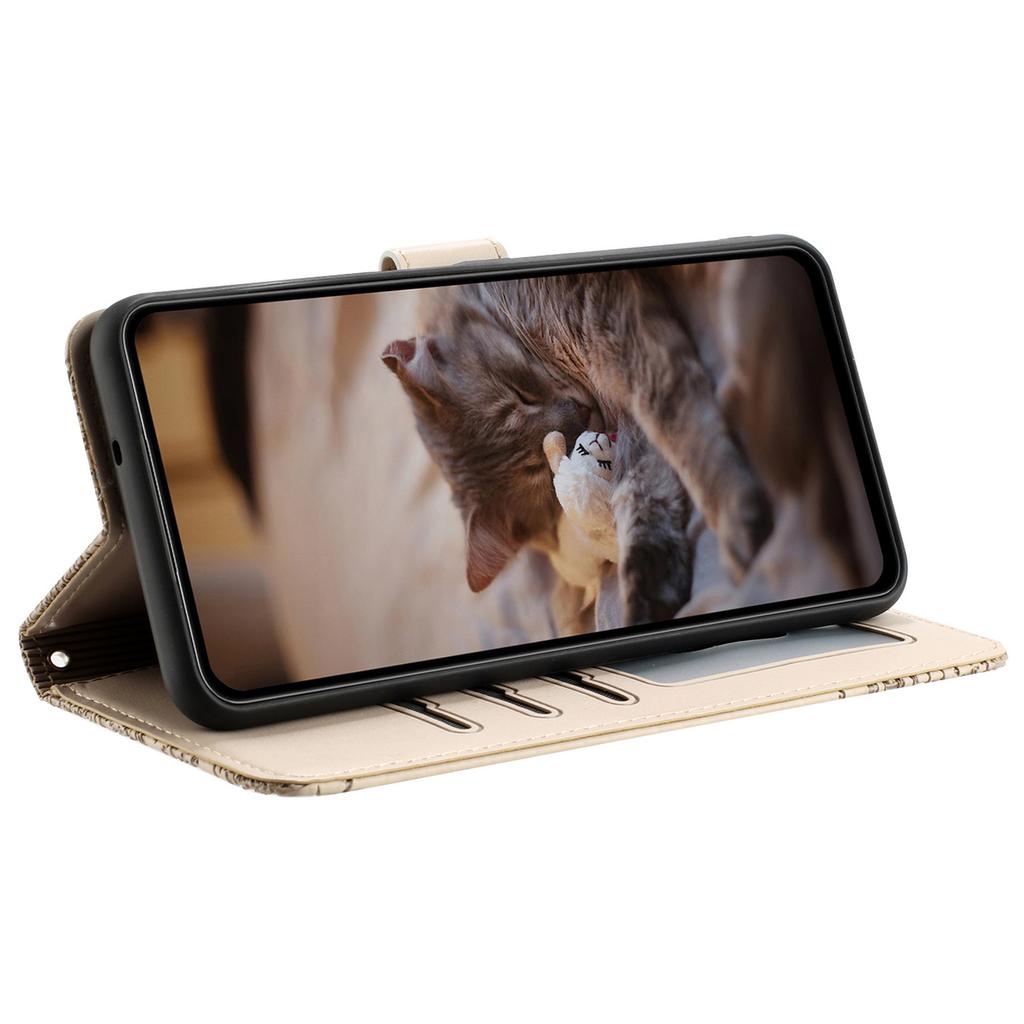 For iPhone 16 Case with Wrist Strap Leather Phone Cover Wall Cats Pattern