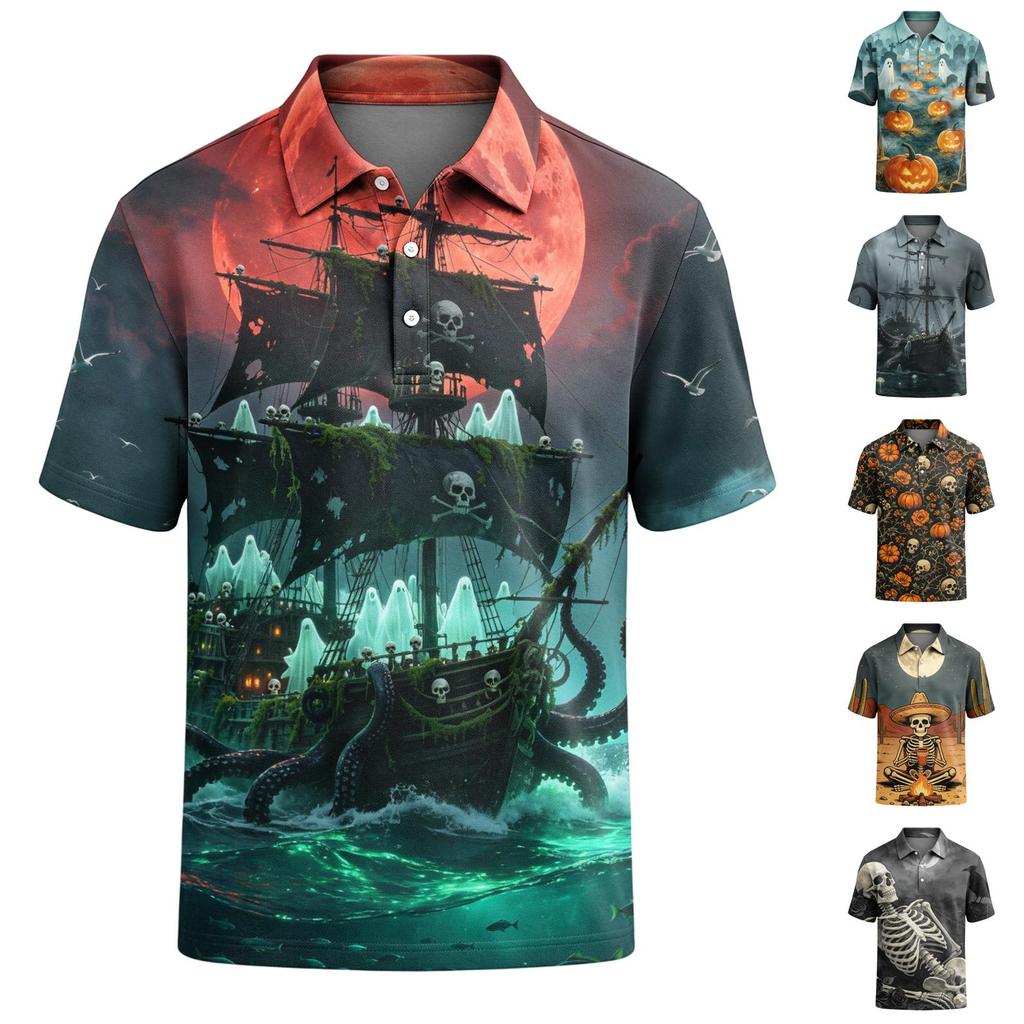 Men's Halloween Printed Short Sleeve Shirt for Party and Daily Wear