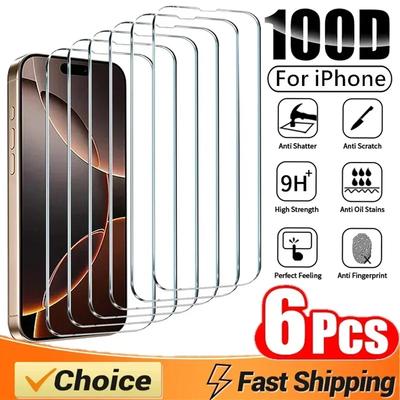 Lot de 6 protections d'écran en verre trempé 100D pour iPhone 13, 14, 11, 12, 15, 16 Pro Max, XS MAX, X, XR, 7, 8, 16 Plus, SE