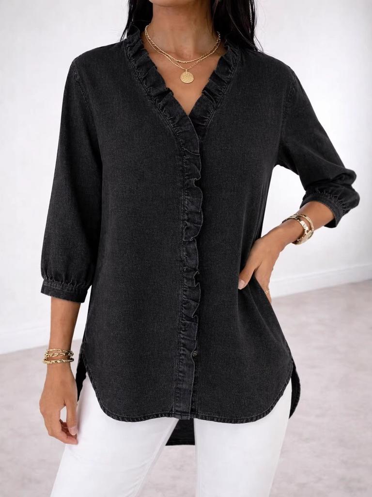 Spring/Summer Women's Casual Faux Denim V-Neck Ruffled Shirt Top