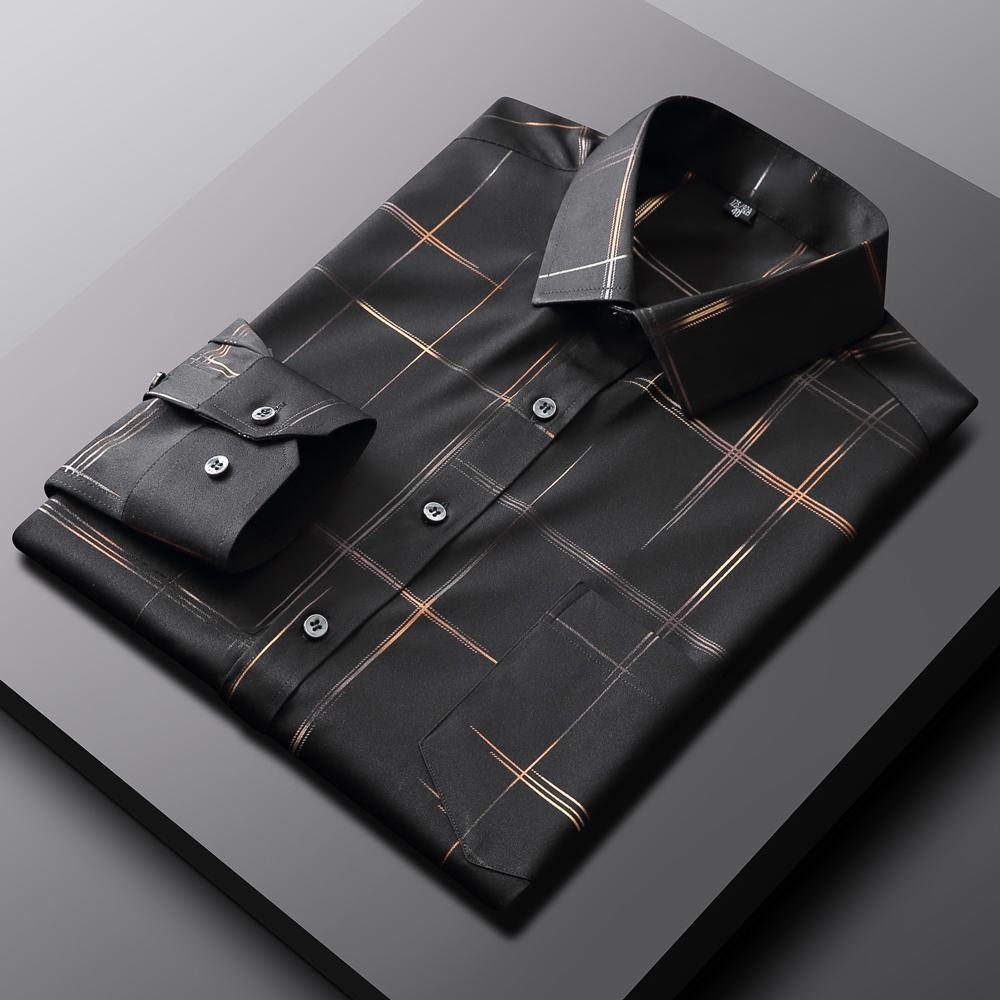 Old Money Style Sleek Stretch Wrinkle-Free Clothes for Man Long Sleeve Striped Printed Lightweight Dress Shirt with Pocket