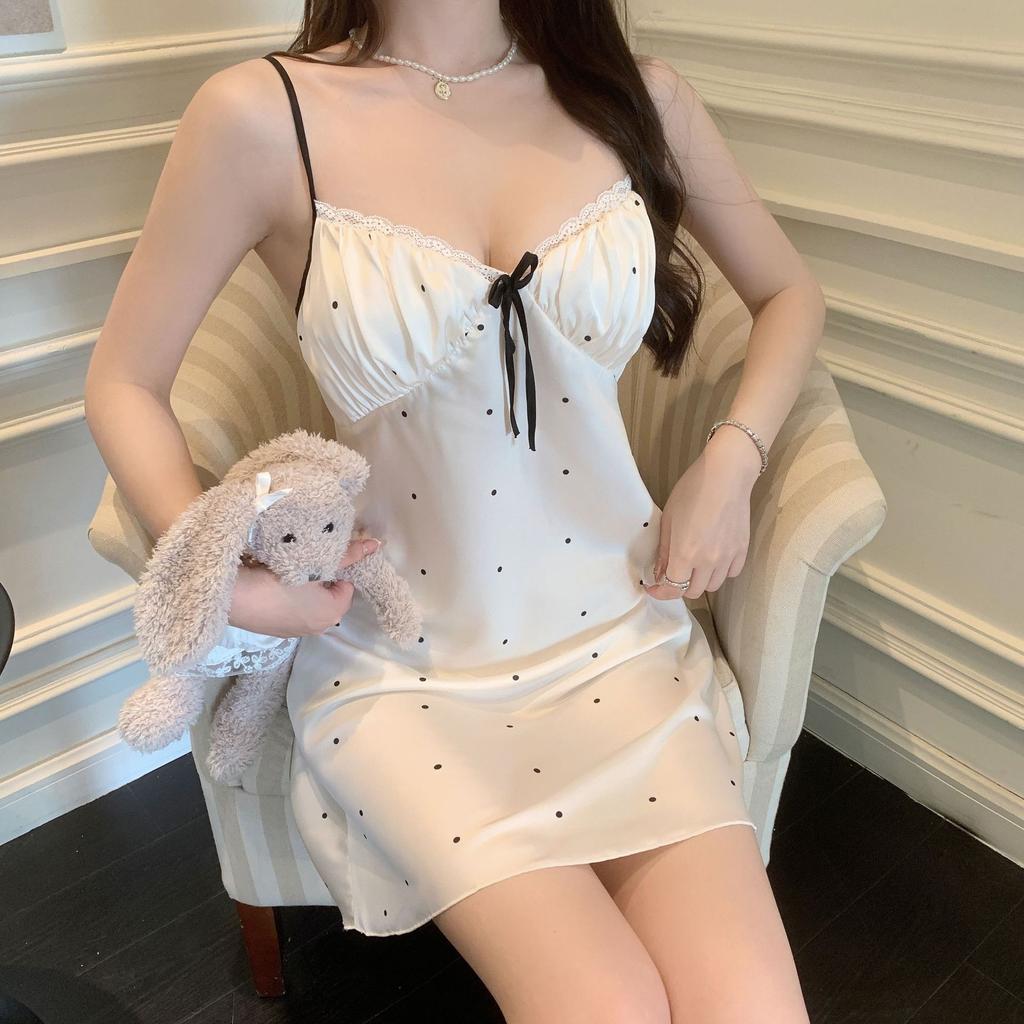 Sexy Pajamas Women's Ice Ribbon Chest Pad Printing Pure Desire Wind Silk Suspender Pajamas New Loungewear