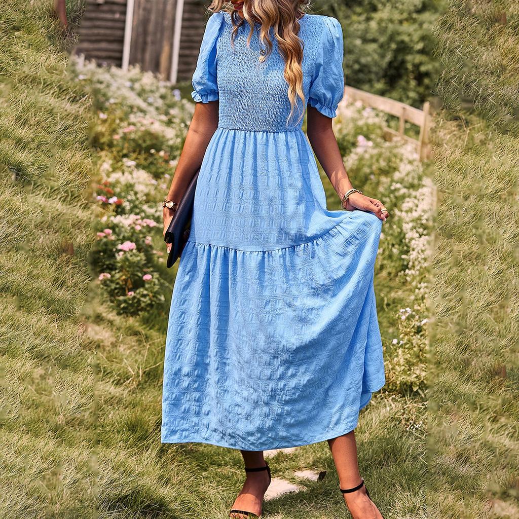 Kvinners Mote Casual Ensfarget O-hals Kort Ermet Kjole