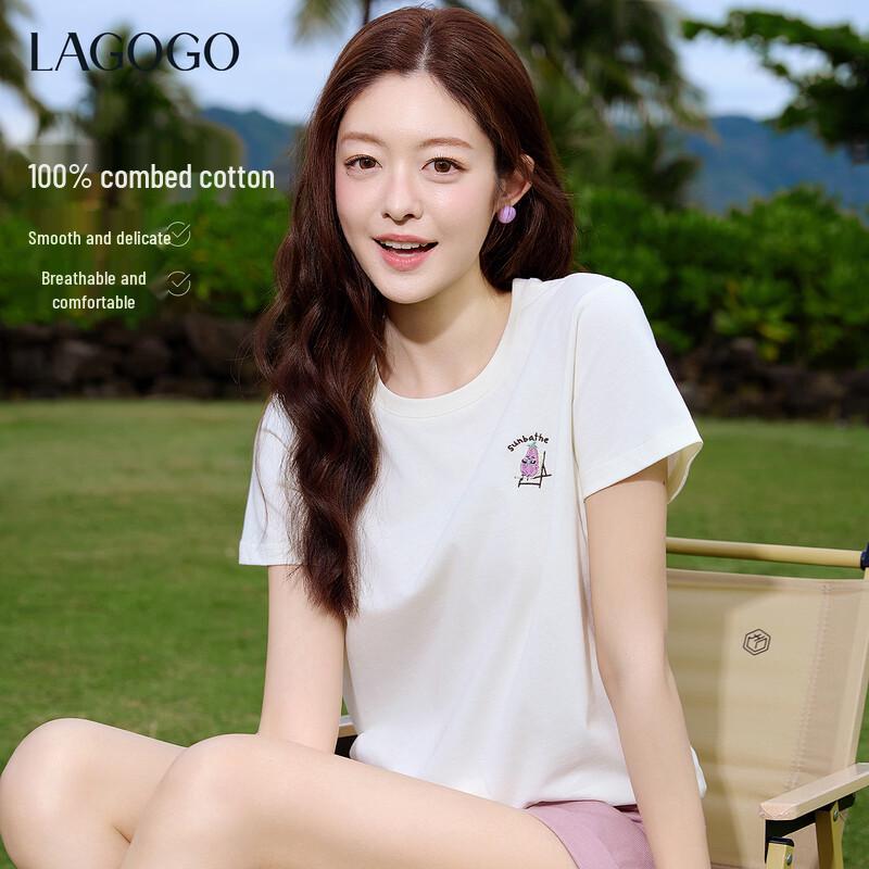 LAGOGO Eggplant Embroidery Cotton T-Shirt XL
