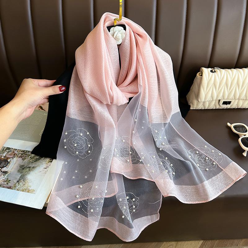 Elegant Organza Silk Scarf With Beads Solid Color 190*70Cm Long Scarves Embroidery Flowers Pearl Solid Shawls For Women Hijab
