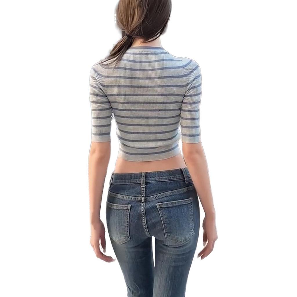 American Hot Girl Striped Letter Print Slim Crop Knit T-Shirt for Women