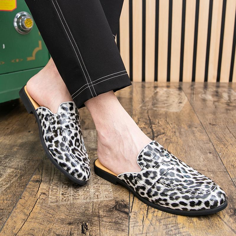 Men's Slippers Mule Loafers Leopard Print Leather Clogs Summer Dress Sandals Casual Backless Half-drag Shoes Plus Size