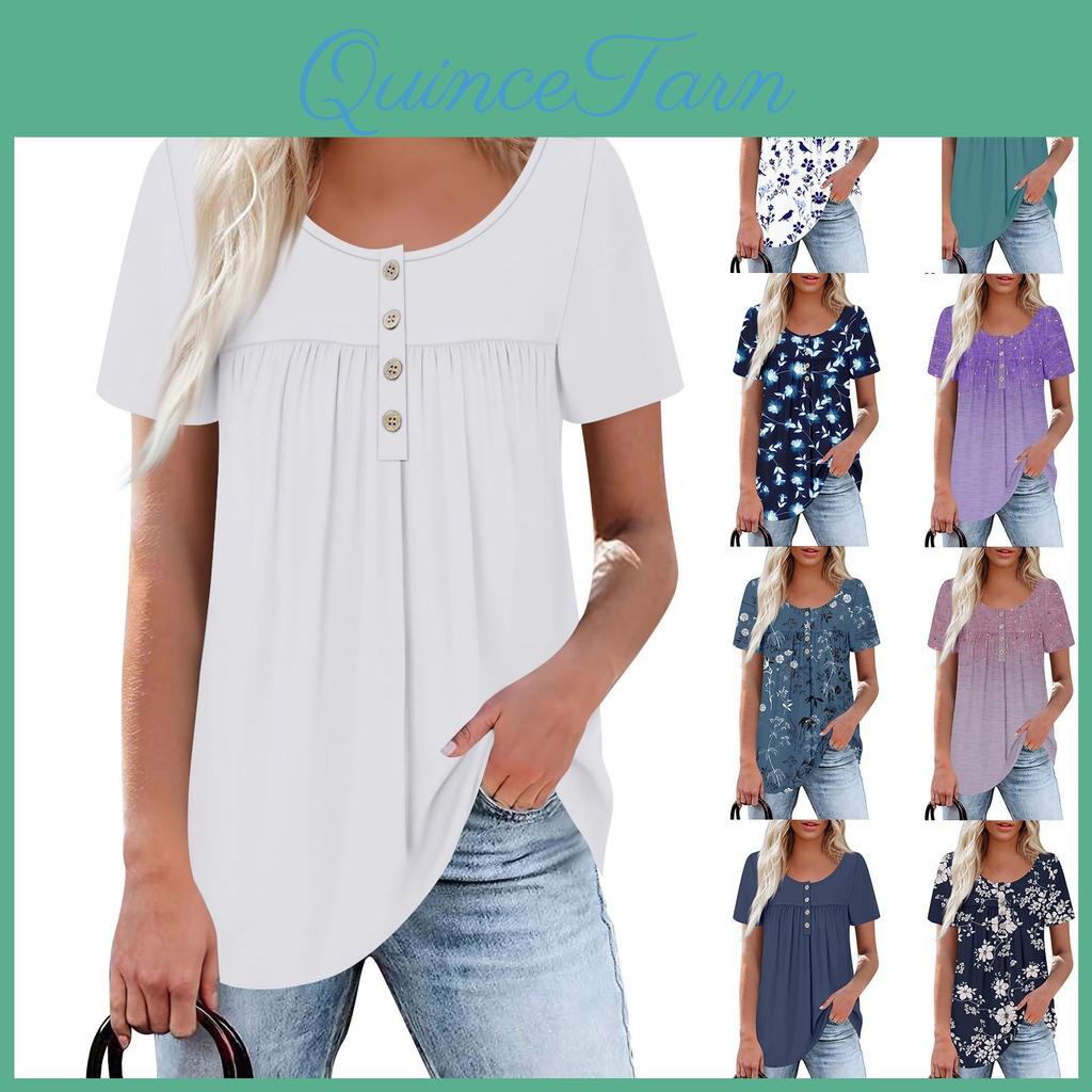 Womens Short Neck Casual Round Sleeve Button Down Collar Chest Ruffle Solid Color Top
