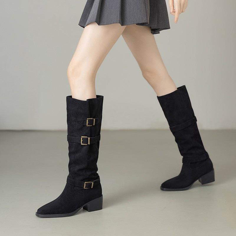 Spring and Autumn Western Cowboy Boots New High Boots Thick Heel Stacking Boots Skinny Long Boots Pant Pants Boots