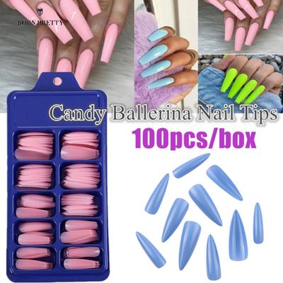100Pcs/Set Full-paste Pointed Nails Ornaments Fake Nail Solid Color Manicure Sticker Accessories