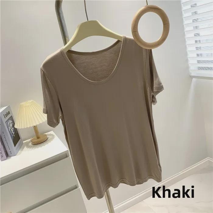 Modal Cotton Women's Grey-Green Loose Short Sleeve Round Neck Top - Soft, Skin-Friendly, and Versatile for Inner or Outer Wear.