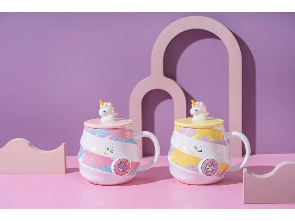 Ceramic Unicorn Mug - Rainbow Spiral Coffee Cup with Lid & Spoon, Cute for Girls