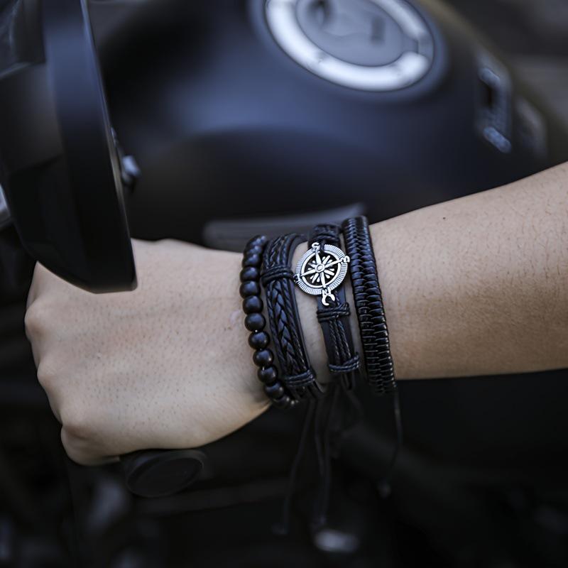 

Men s Vintage Multi-layer Woven Leather Bracelet Set with Compass - 4 Pieces чёрный