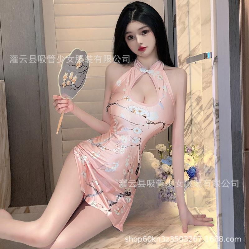 New Chinese-style modified retro neck printing slit sleeveless tight body elasticity