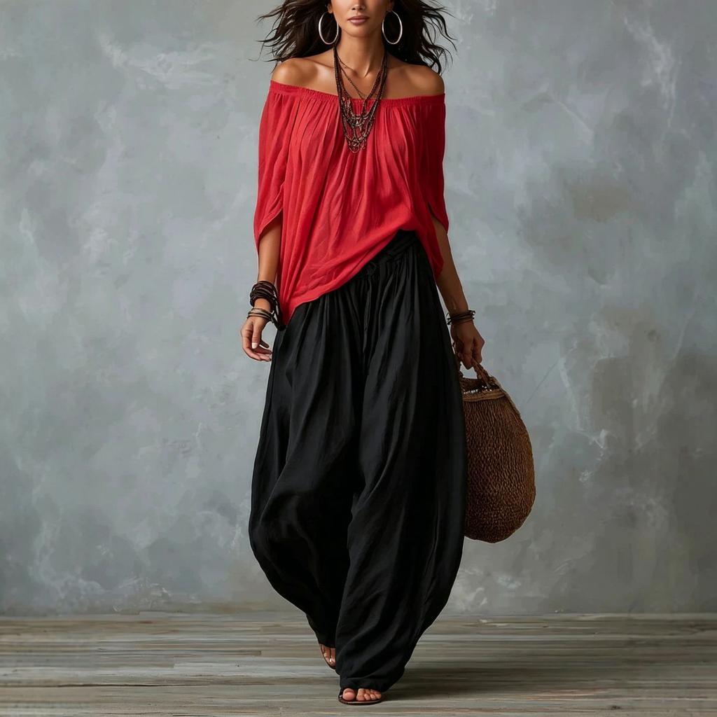 1116 Nuovo completo estivo europeo e americano di alta gamma casual con pantaloni a gamba larga e top monospalla per donna
