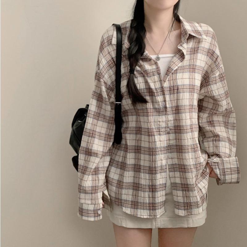 Korean Version Versatile Checkered Loose Shirt for Women Autumn Retro Long Sleeved Shirt Top