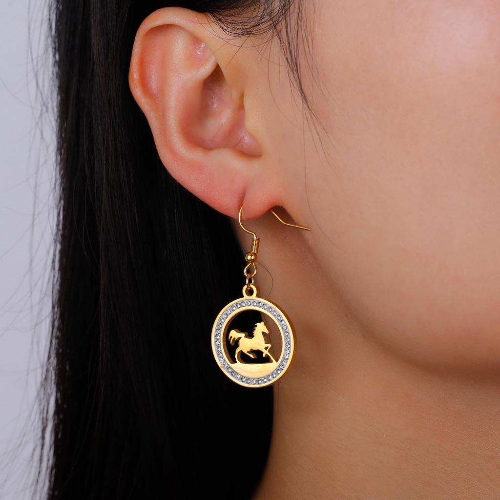 Cool Running Horse Drop Earrings Women Stainless Steel Clear Zircon Round Earrings Gold Animal Jewelry Gift