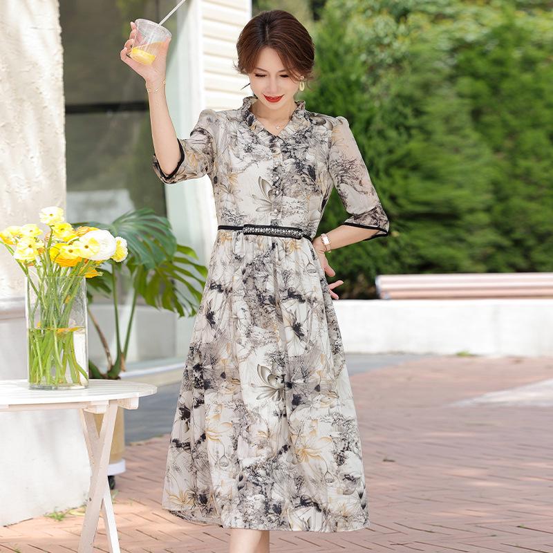 Elegant Summer Mid-Sleeve Dress for Middle-Aged & Elderly Women