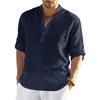 Zon Smaids Summer Linen Sleeve Solid Drop Shoulder Cut and Sew Men's Top, Cotton/Linen, 5/8 T-Shirt, Color, Collared, (Navy, 5XL)