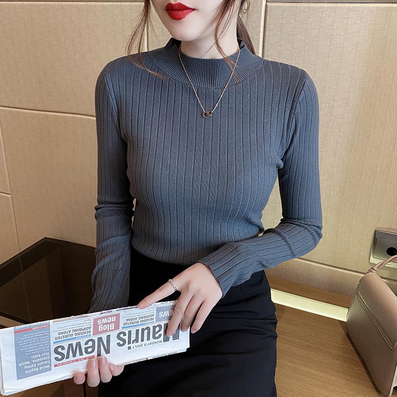 

Женский свитер-водолазка, свитер для низа, новый тонкий вязаный топ с длинным рукавом, прилегающий к фигуре, трендовый, весна и осень One size темно-серого