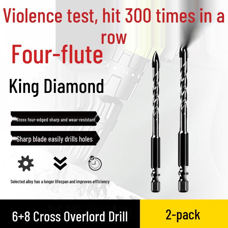 Impact Hex Shank Four-Blade Cross King Drill Bit for Concrete, Tile, and Glass