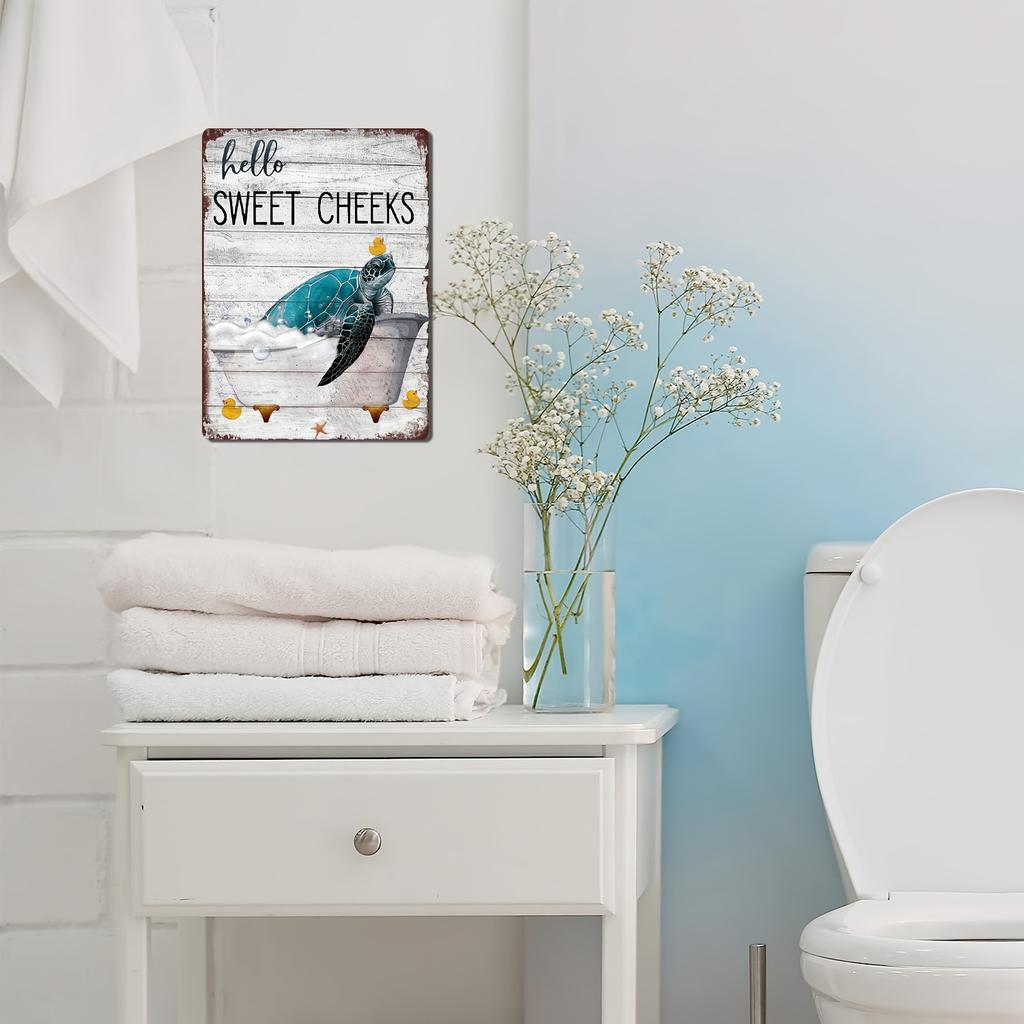 1pc Funny Sea Turtle In Bathtub Retro Tin Sign - Vintage "Hello SWEET CHEEKS" Metal Wall Art with Teal Turtle, Rubber Ducks & Bu