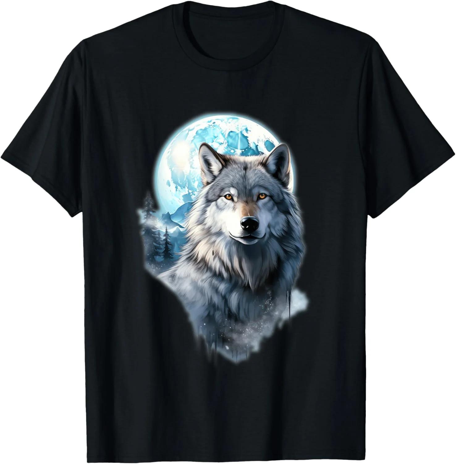 Majestic Wolf Full Moon Graphic TShirt Breathable Cotton Crewneck Tee L