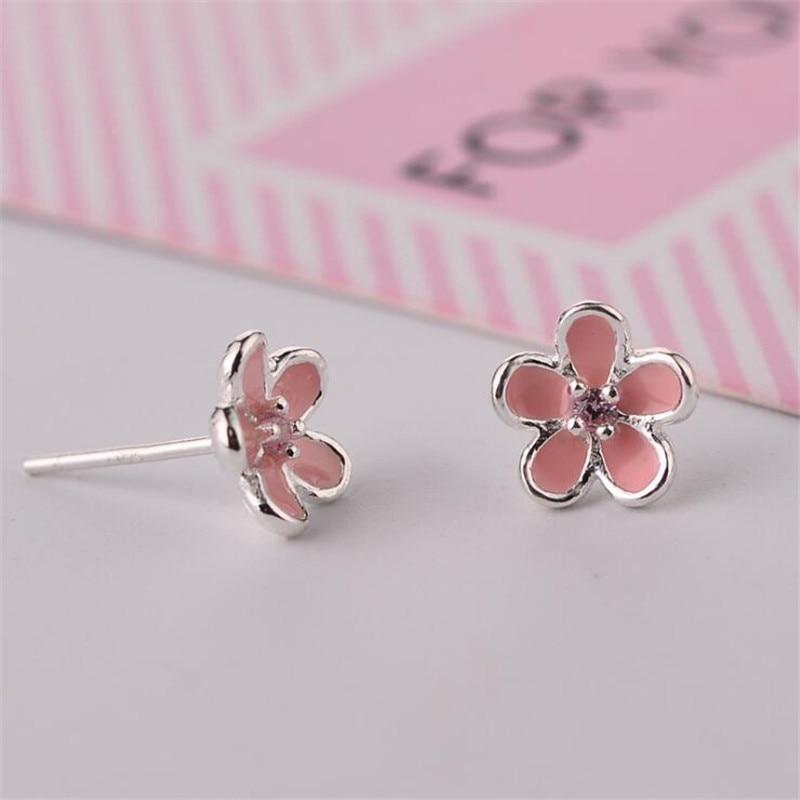 New Arrival Cute Temperament Literary Flower 925 Sterling Silver Jewelry Pink Epoxy Crystal Sweet Stud Earrings E177