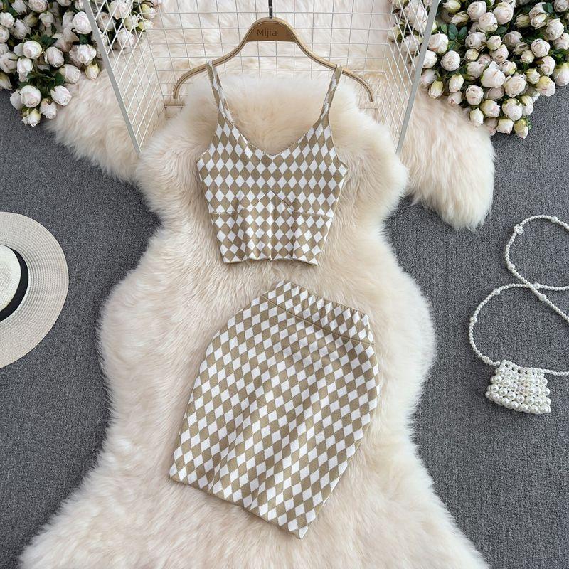 Fashion Suit Women's Pure Desire Sexy Chessboard Plaid Silm Crop-Top Spaghetti-Strap Vest Two-Piece Set High Waist Sheath Skirt