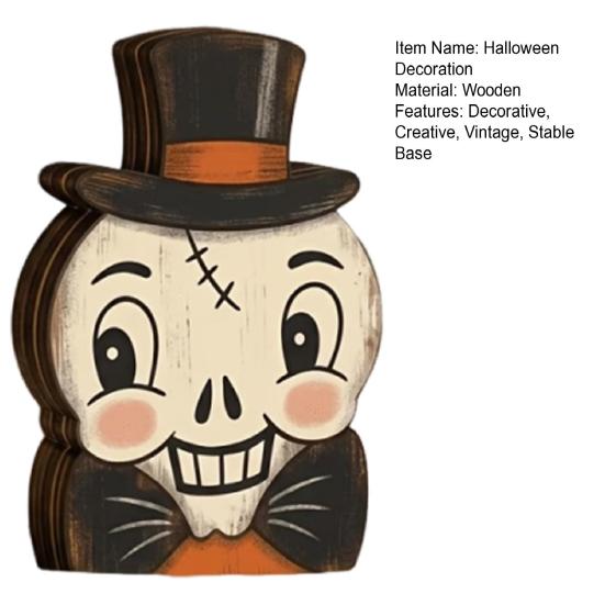 Decorative Tiered Tray Elements Halloween Vintage Wooden Ornaments, Cute Bat/Black Cat/Owl/Pumpkin/Ghost/Skull Decorations, Retro Double Sided Festive