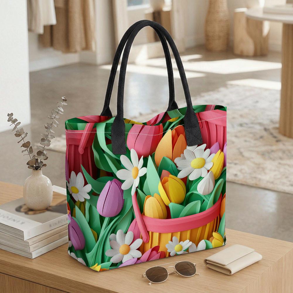 Floral Basket Printed Tote Bag Fashion Large Capacity Casual Outdoor Women Daily Handbag