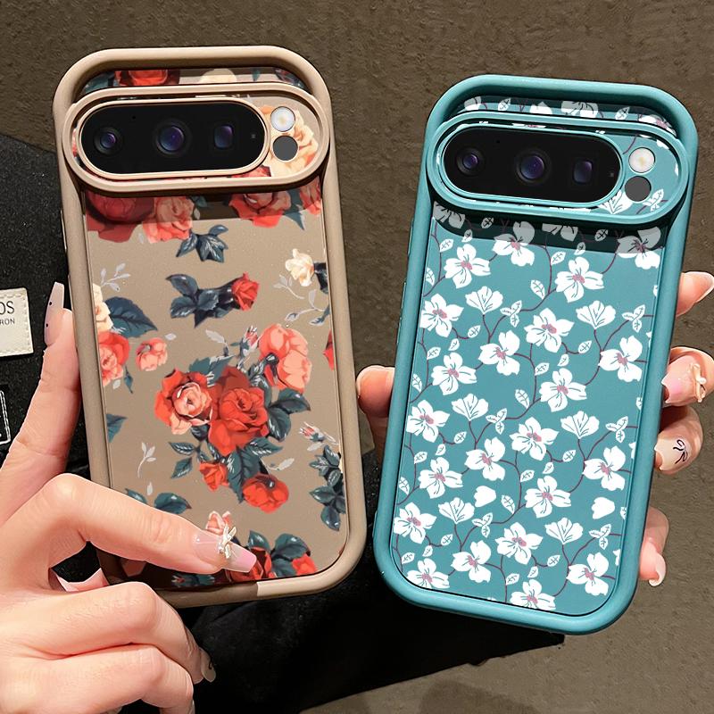 Rose Flower Pattern Plain Color Soft Silicone Phone Case for Google Pixel 9 8 Pro Xl 8a Shockproof Matte Lens Protection Anti-Fall Cover