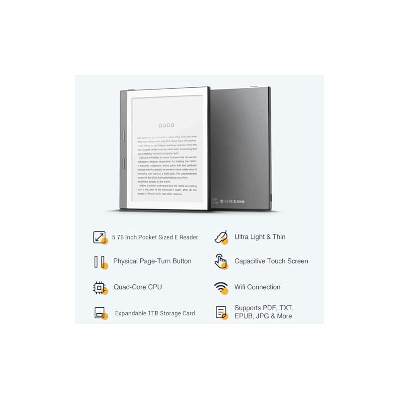 5.76-inch Touchscreen E-Reader, E-Ink Display, 32GB ROM, 1GB RAM, 198PPI, Android E-reader with 24-level Adjustable Front Light, Supports PDF, EPUB,