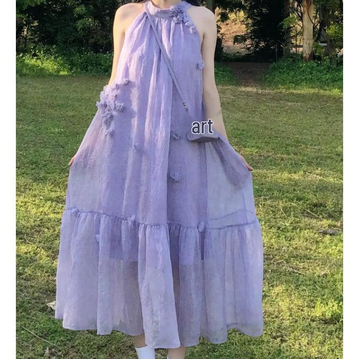 

Purple French Halter Neck Summer Maxi Dress - Women s Slimming Beach Vacation Style with Spaghetti Straps. Extra Large фиолетовый