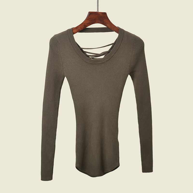 Foreign Trade Original Order Lace-up Slim fit High Elastic Knitted Bottoming Shirt Early Autumn Solid Curved Hem Backless Skin-friendly Pullover