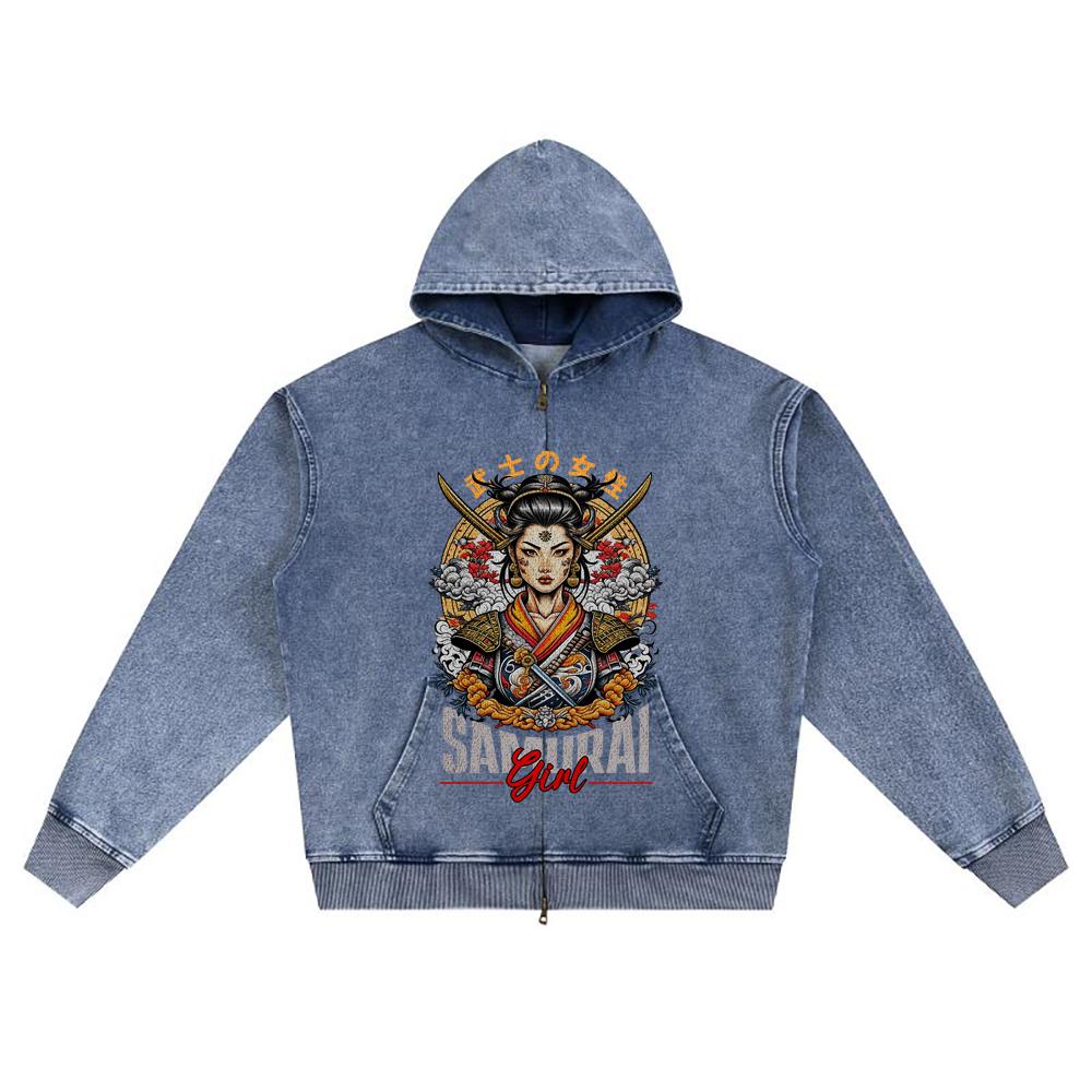 DTG print Knitted Denim Zip-Up Hoodie Japan Samurai Brother Print Zipper Hoodies  