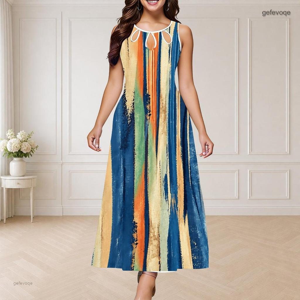 Women Plus Size Round Neck Triple Keyhole Cutout Sleeveless Printed Blue Pink Maxi Dress