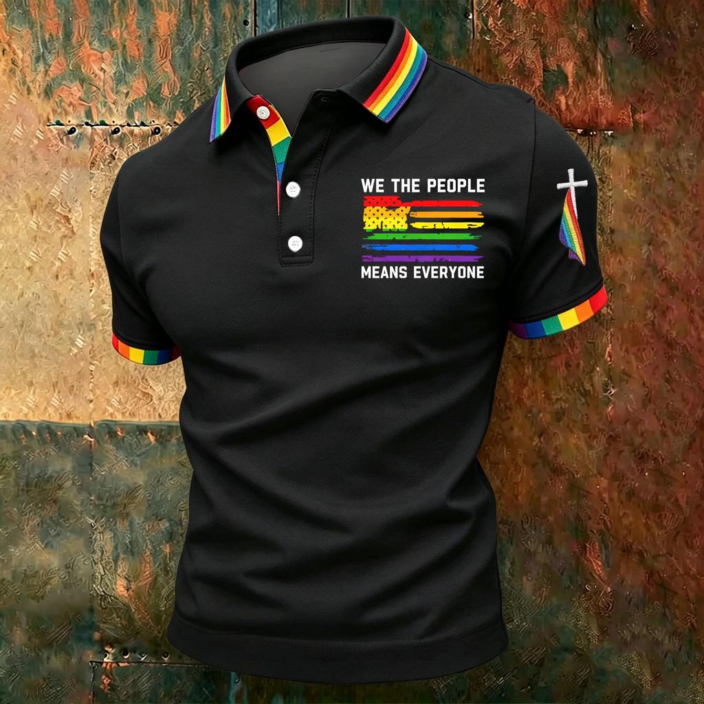 Men's Casual Polo Shirt Short Sleeve Gradient Print Classic Fit Button Down Collar Soft Breathable Fabric Top