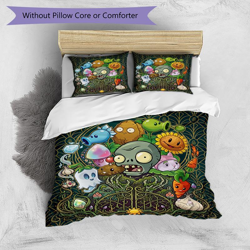 3pcs Duvet Cover Set (1*Duvet Cover + 2*Pillowcase, Without Core), Plants VS Zombies Print Bedding Set, Bedroom Decor, All‑Season, Birthday Gift