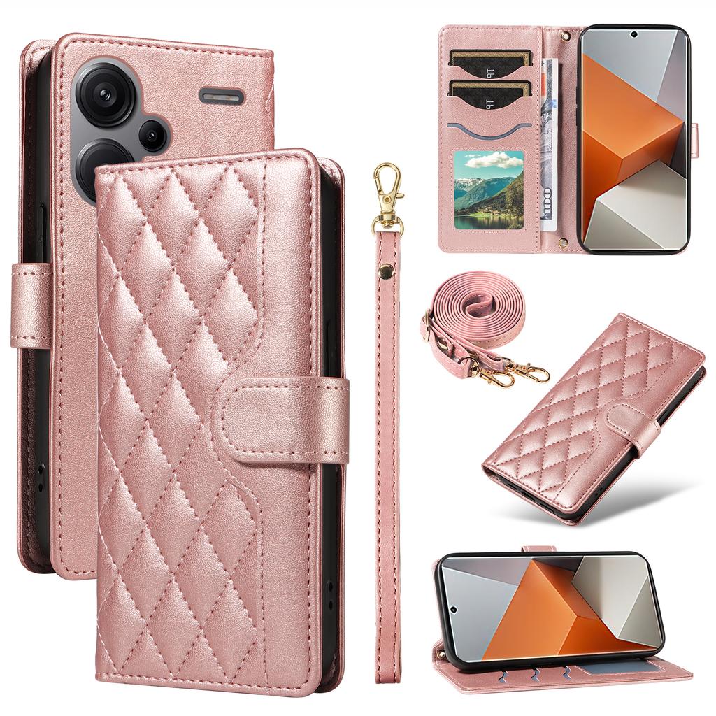 For Xiaomi Redmi Note 13 Pro+ 5G Case Wallet Rhombus Leather Phone Cover with Shoulder Strap,Wrist Strap