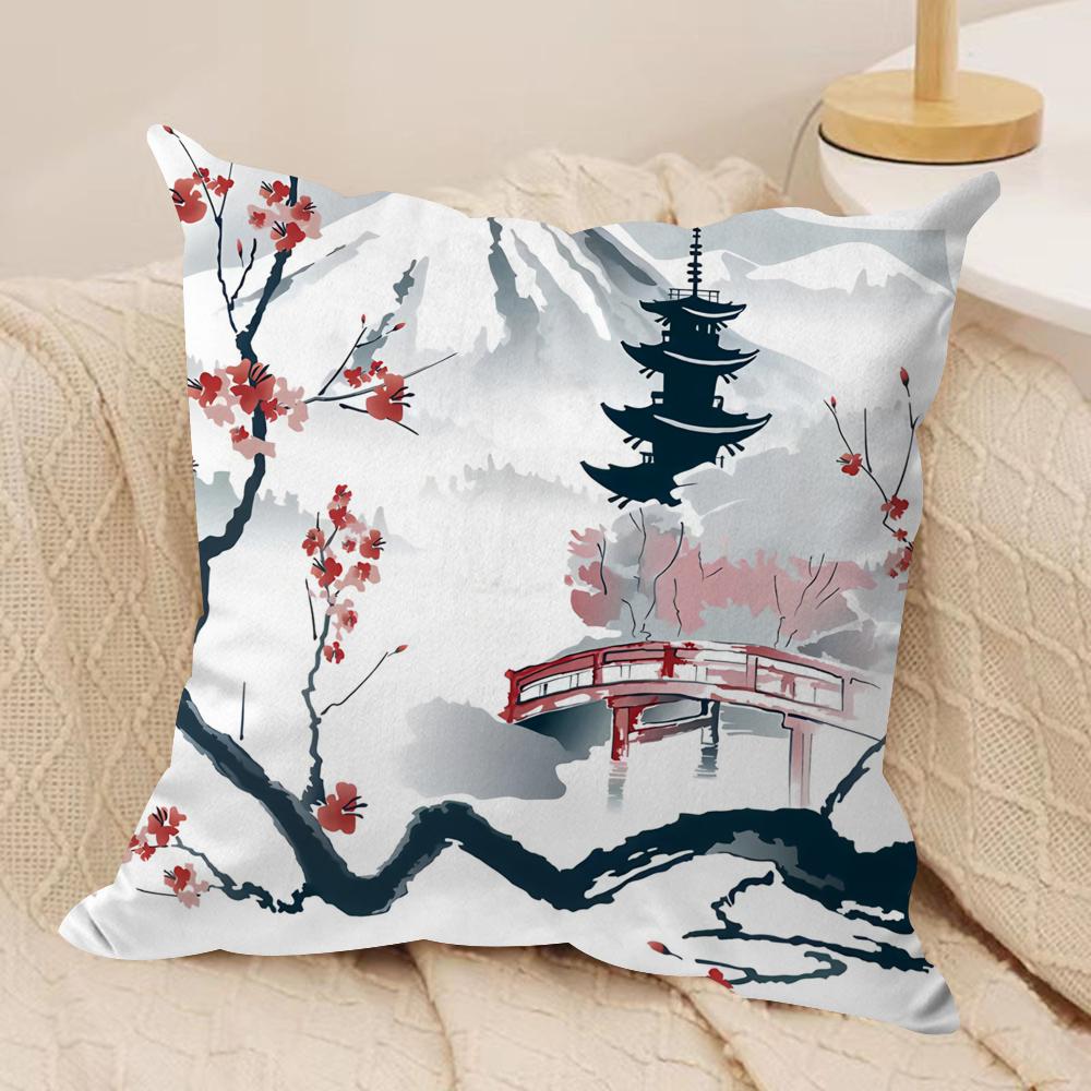 Japanese Pagoda Landscape Cushion Cover Plush Fabric Soft DoubleSided Printed Sofa Warm Winter Home Gift Pillow Cover