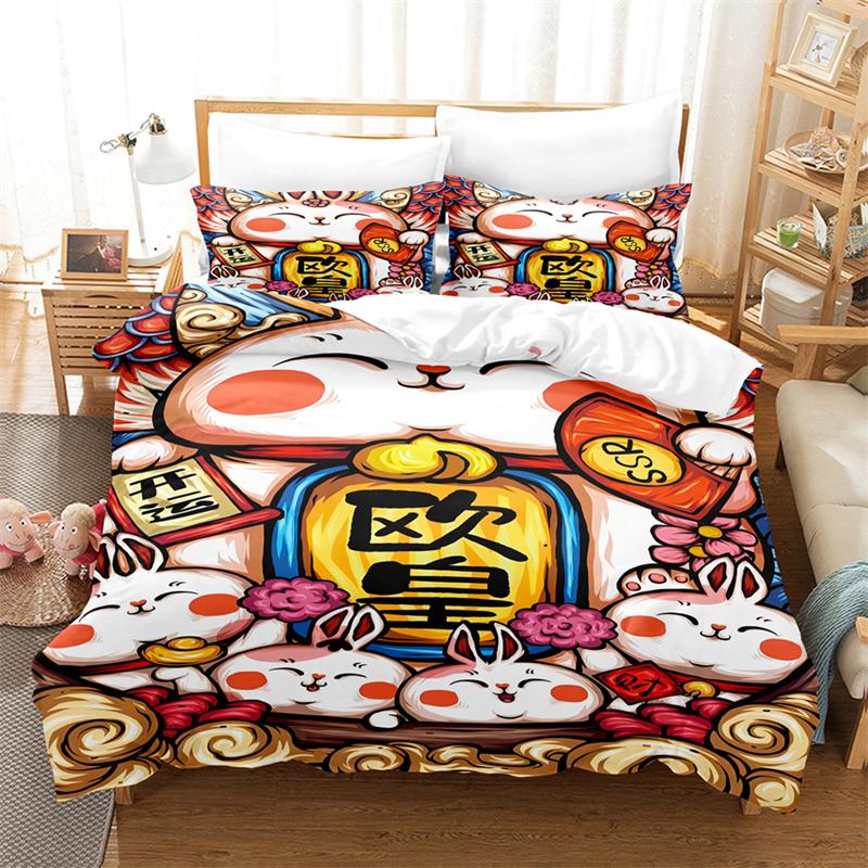 Cartoon Lucky Cat Bedding Set Bed Cover Set Lovers Bedding Kids Luxury King Size Comforter Bedding Sets Queen Duvet Cover Set