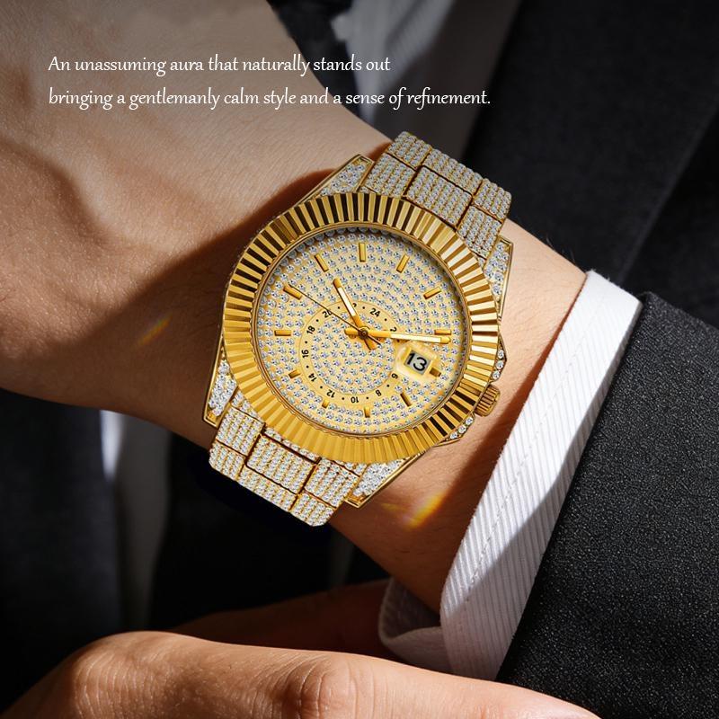 Mens Full Diamond Luxury Quartz Watch Zinc Alloy Band Luminous Hands Casual Business Dress Wristwatch